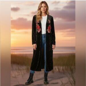 Flawless Black Velvet Rose Embroidery Duster Open Cardigan Bell Sleeve Witchy